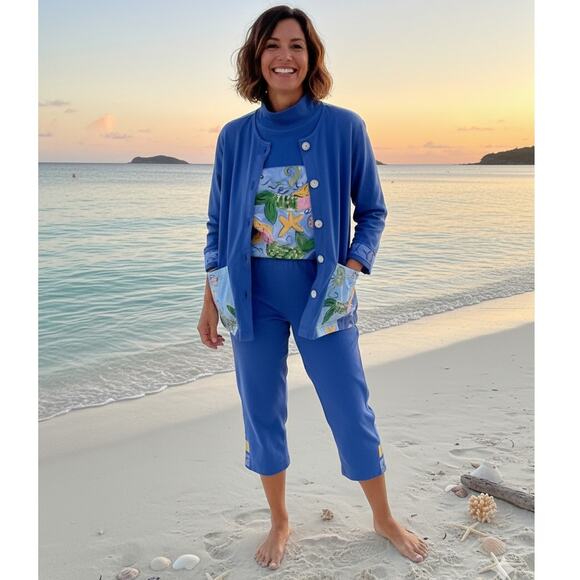 Silkscapes Womens S Vintage Artsy Coastal Handpainted Mermaidcore 3 Piece Set - Picture 1 of 16